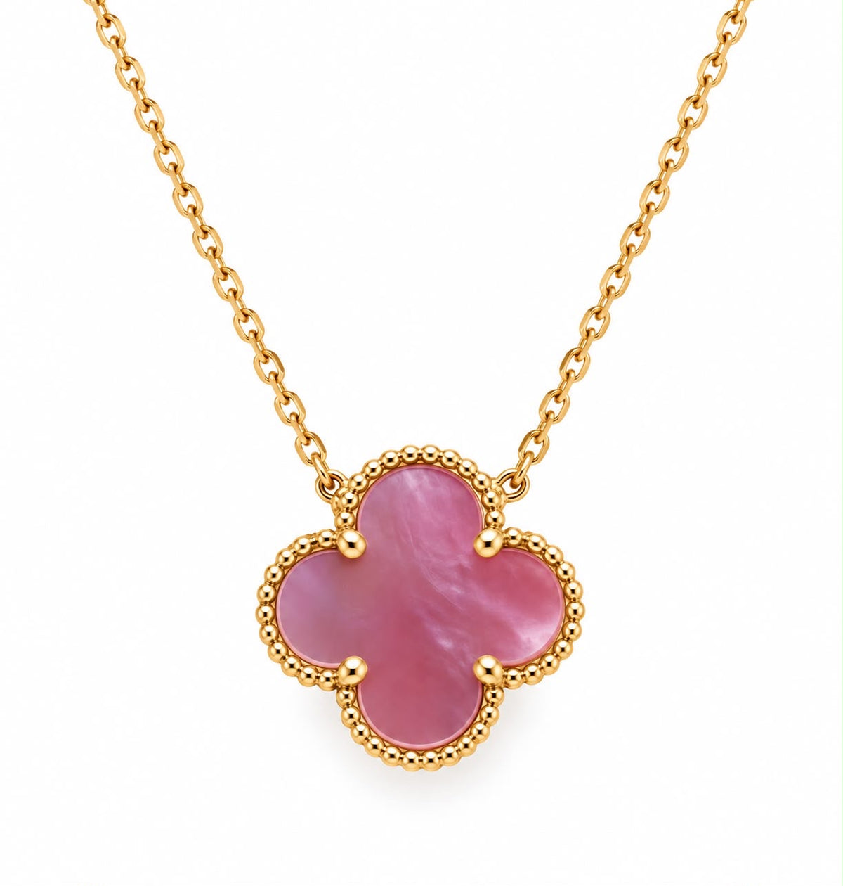 Collier trèfle en or 18 carats avec nacre rose 10 mm (moyen), ajustable 40-45 cm, 2,30 g