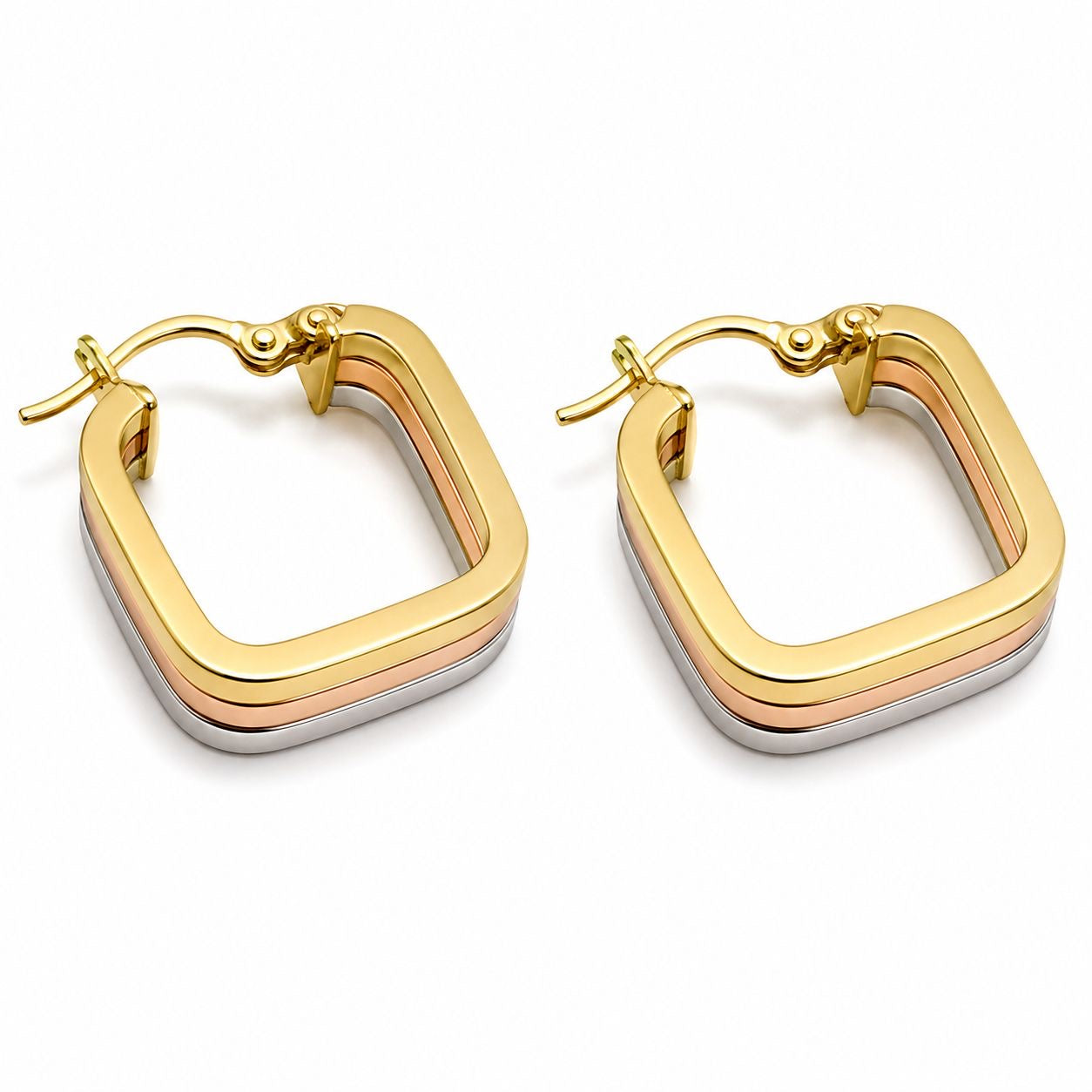 18k gold tritone square earrings, 15mm, 2.06g