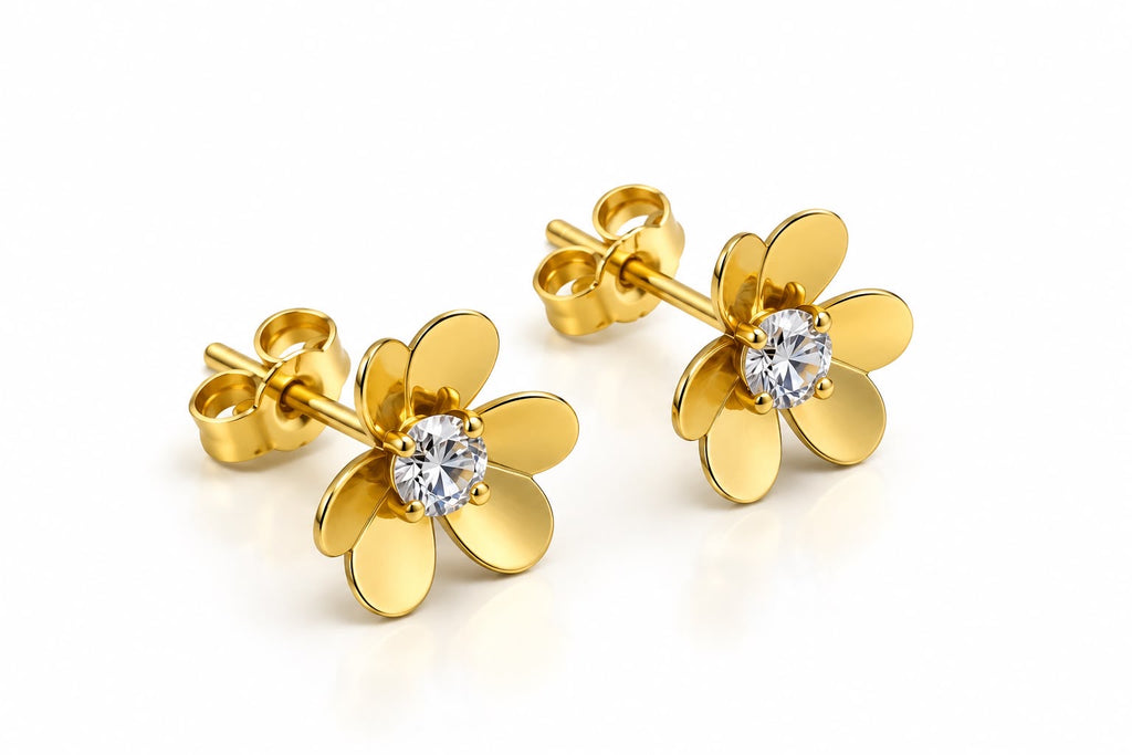 18k gold small flower earrings with zirconia stone, 12mm, 1.49g