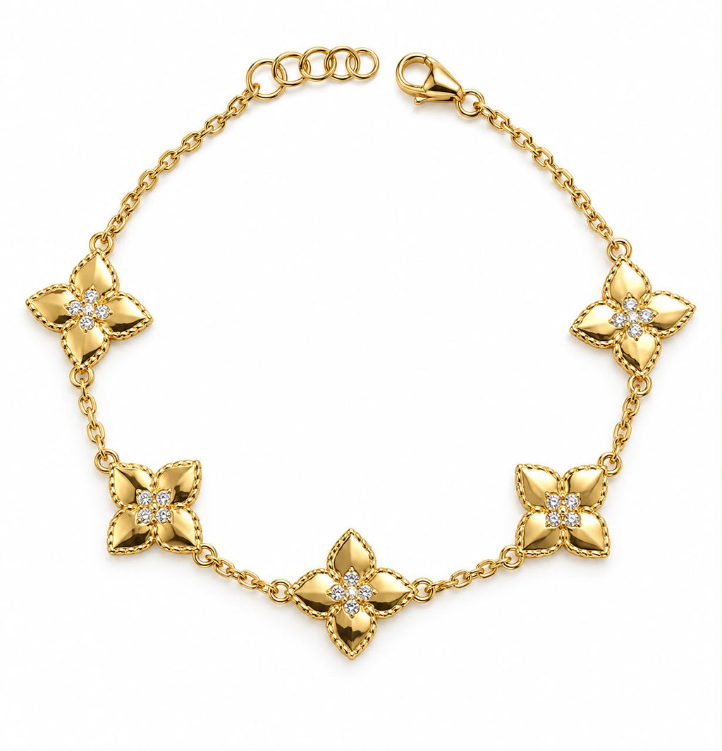 18k gold 5 flowers bracelet, 13mm, 18 to 19.5cm, 5g