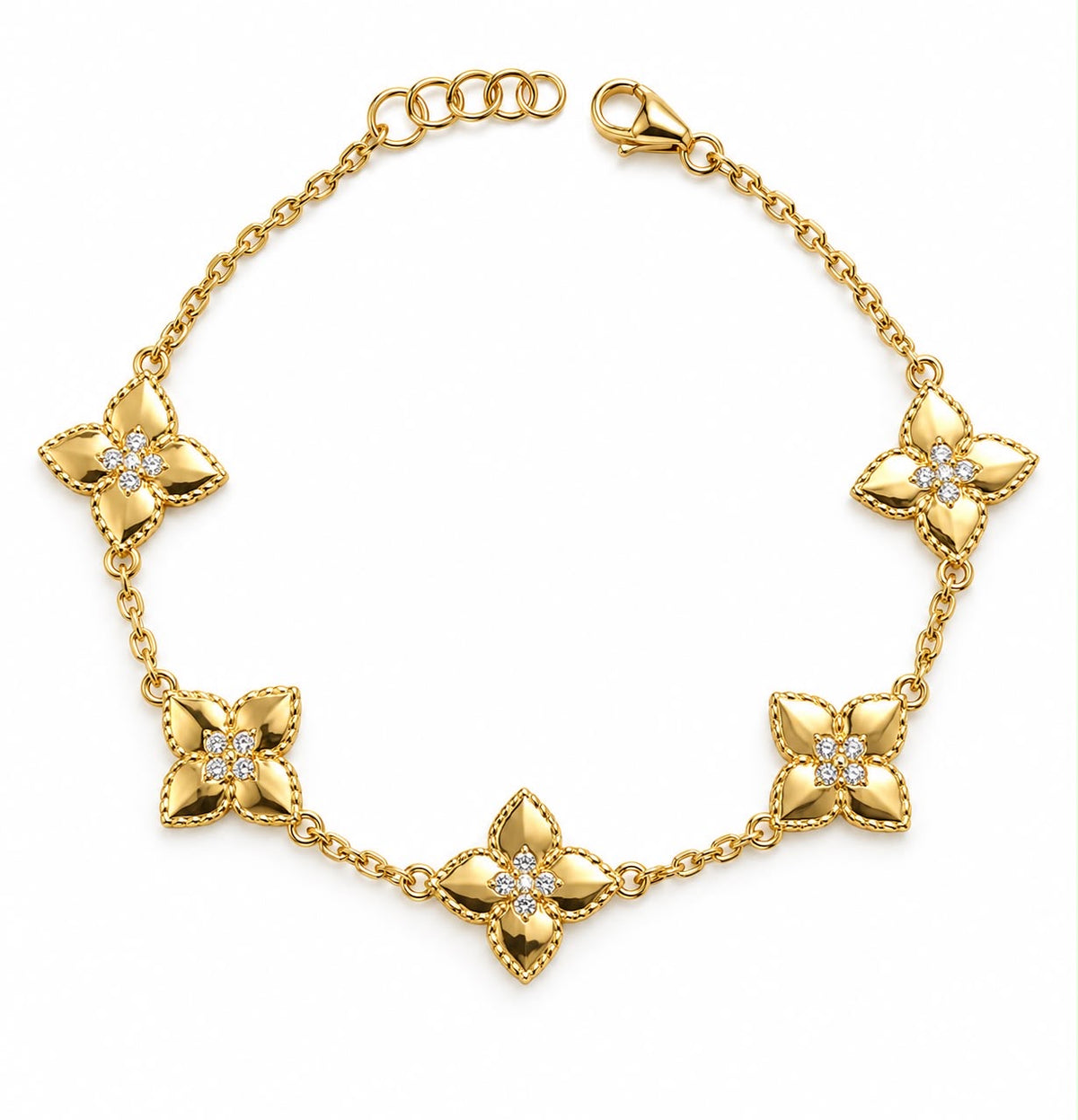 18k gold 5 flowers bracelet, 13mm, 18 to 19.5cm, 5g