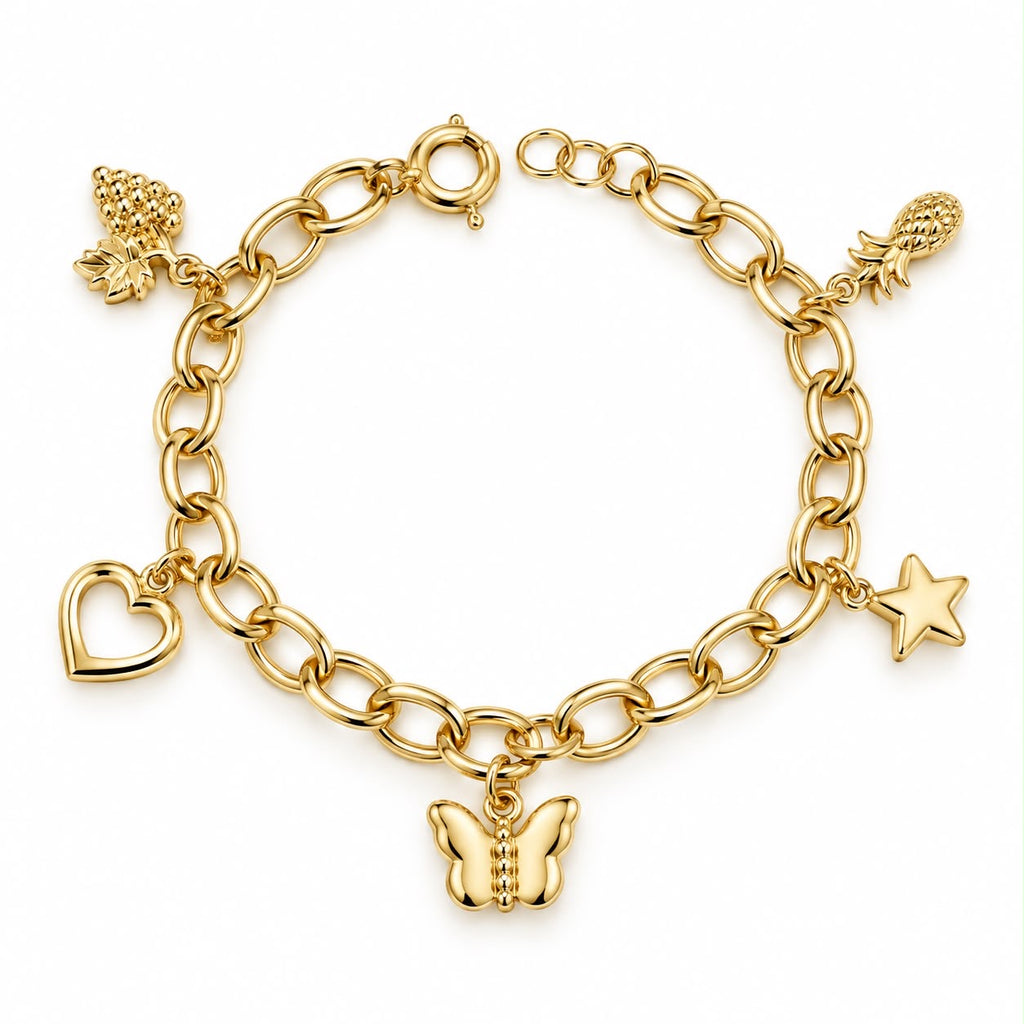 Bracelet à breloques en or 18 carats, ananas, étoile, papillon, cœur et raisin, 17,5-19 cm, 5,65 g