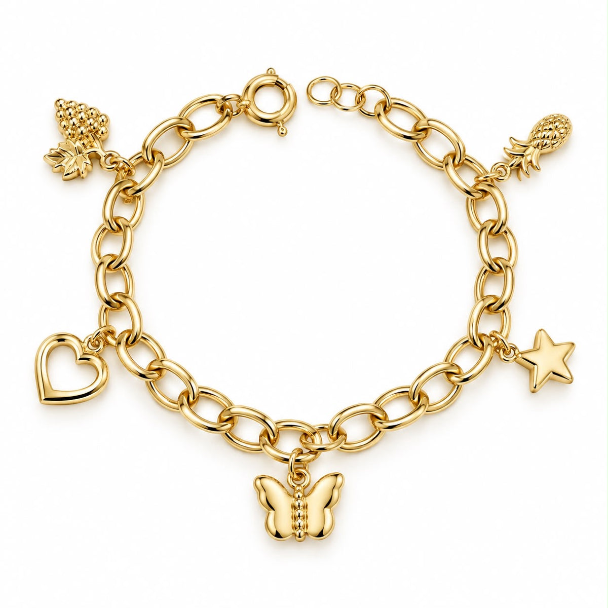 Bracelet à breloques en or 18 carats, ananas, étoile, papillon, cœur et raisin, 17,5-19 cm, 5,65 g