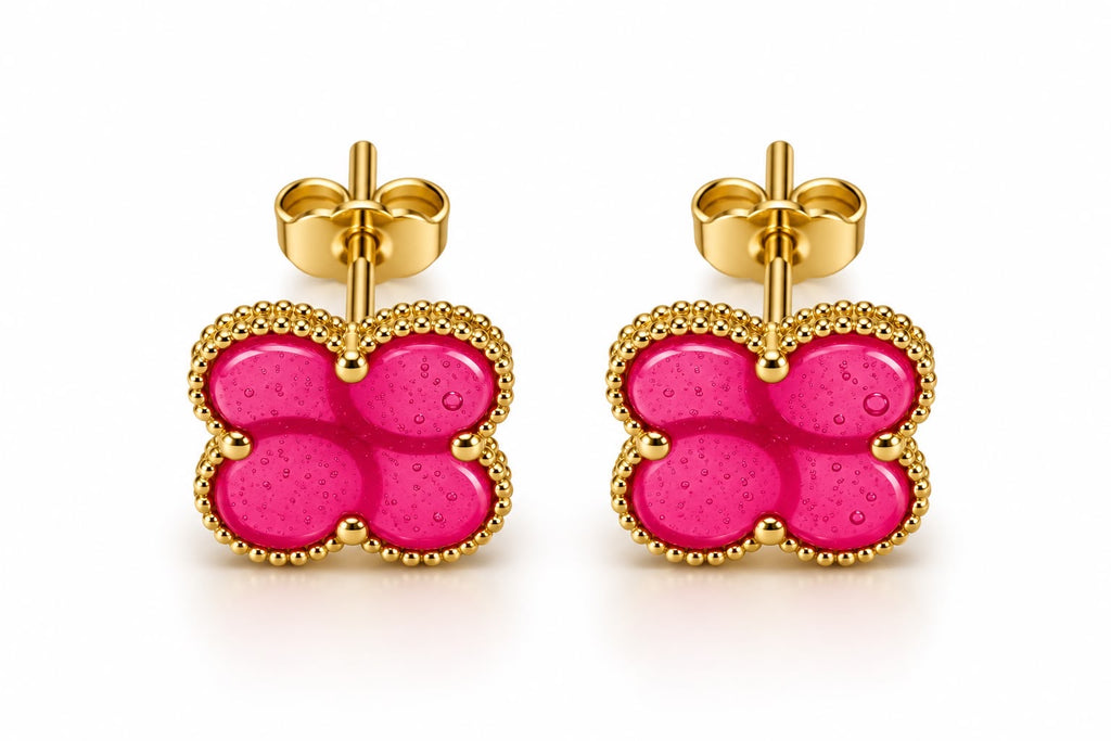 18k gold pink enamel clover studs, large (15mm) 2.88g total weight