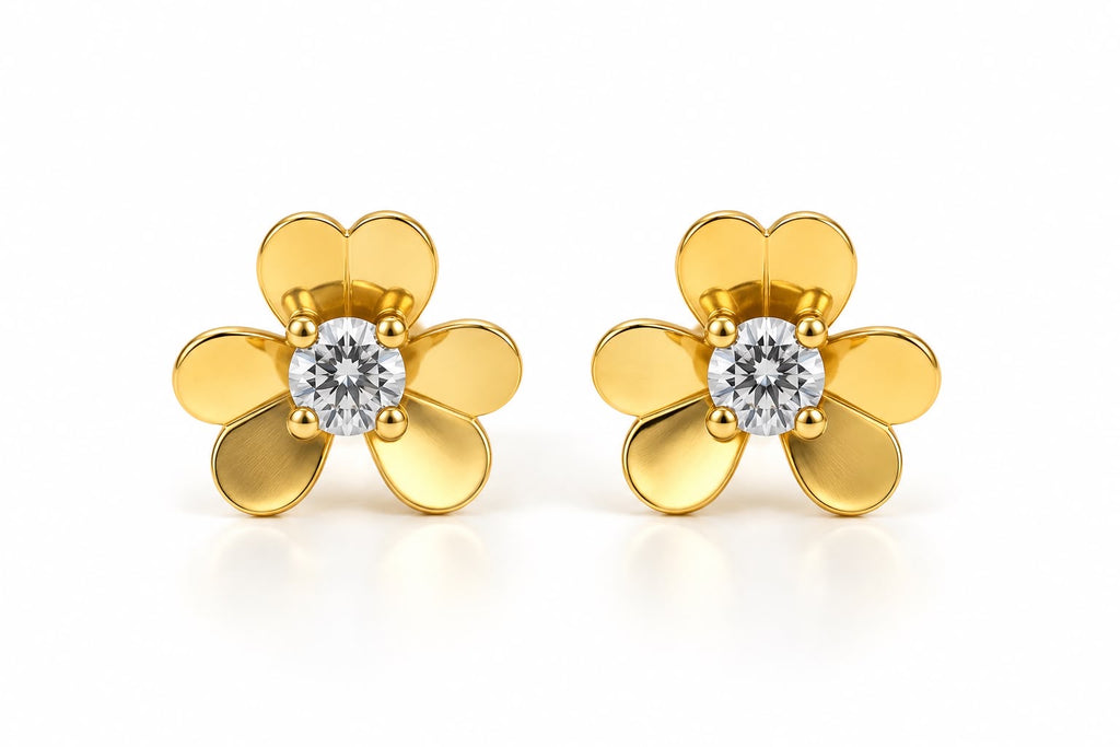 18k gold small flower earrings with zirconia stone, 12mm, 1.49g