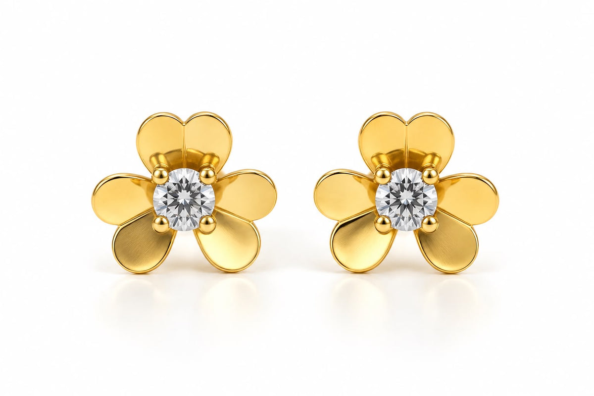18k gold small flower earrings with zirconia stone, 12mm, 1.49g