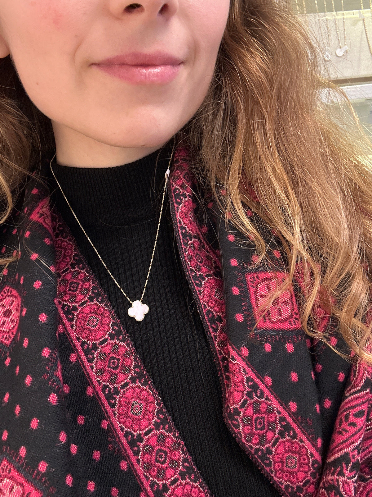 Collier trèfle en or 18 carats avec nacre rose, 15 mm (grand modèle), ajustable 40-45 cm, 2,57 g