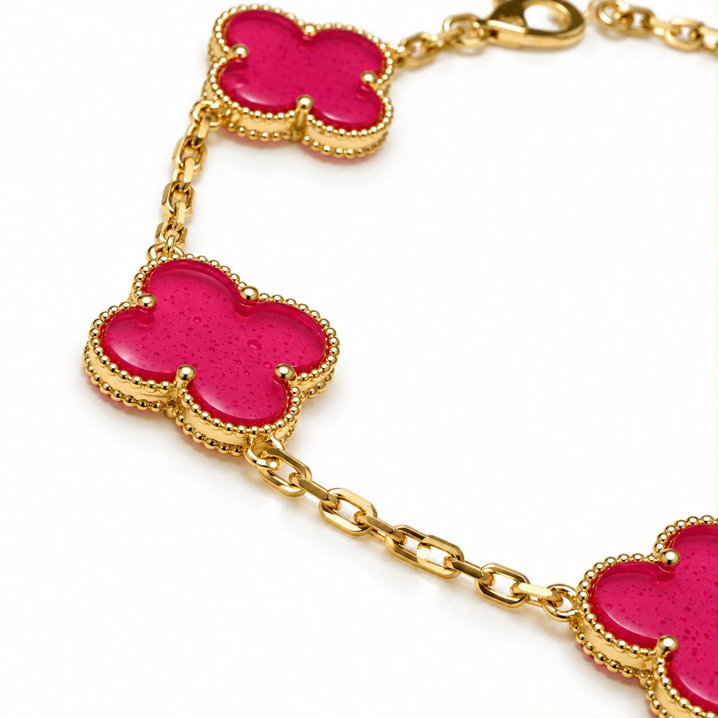 18k gold pink enamel 5 clovers, ajustable 17-19cm, 6.61g