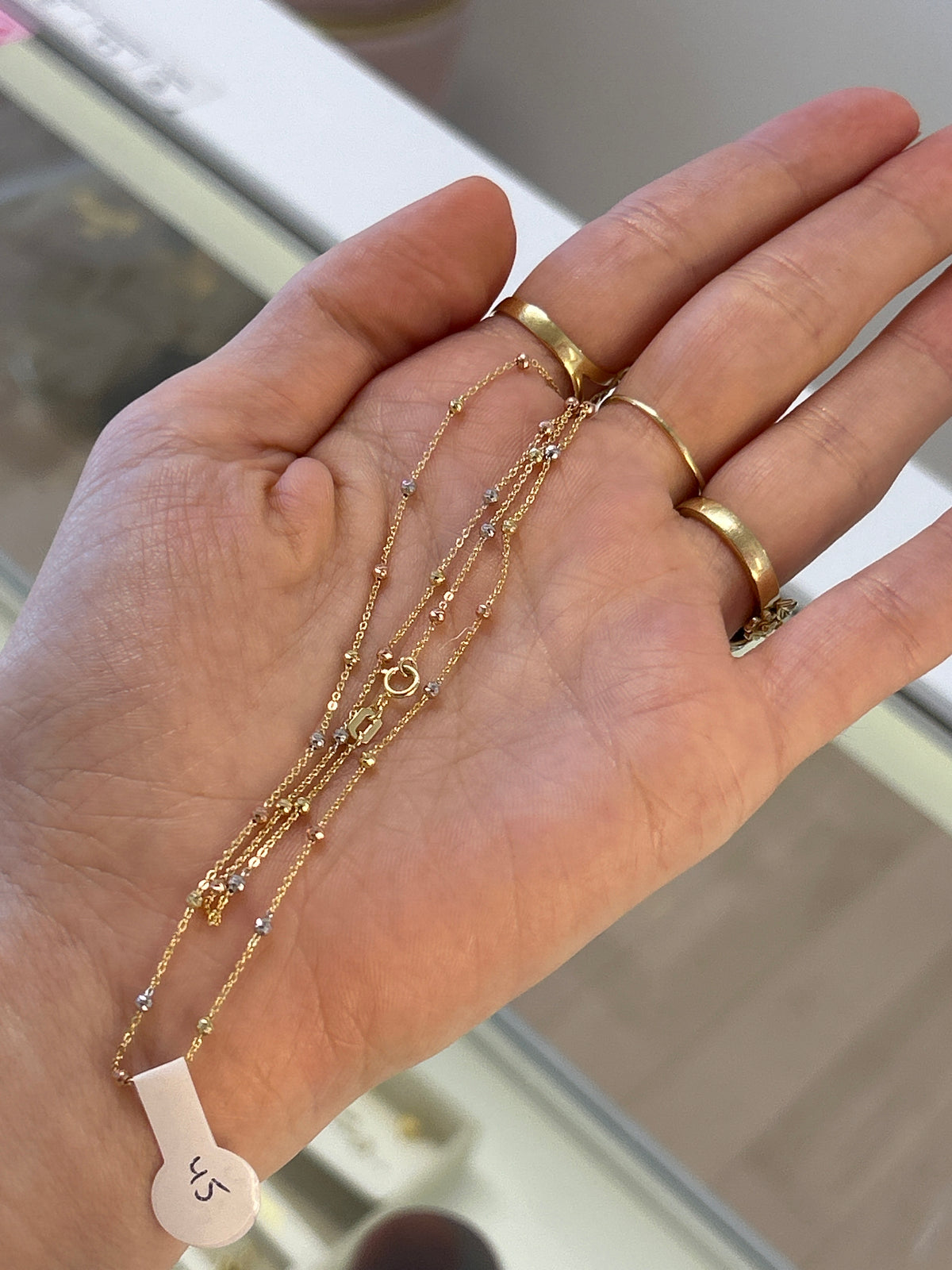 18k tritone beaded chain, 2.26g, 45cm