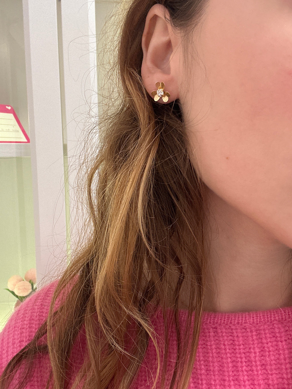 18k gold small flower earrings with zirconia stone, 12mm, 1.49g