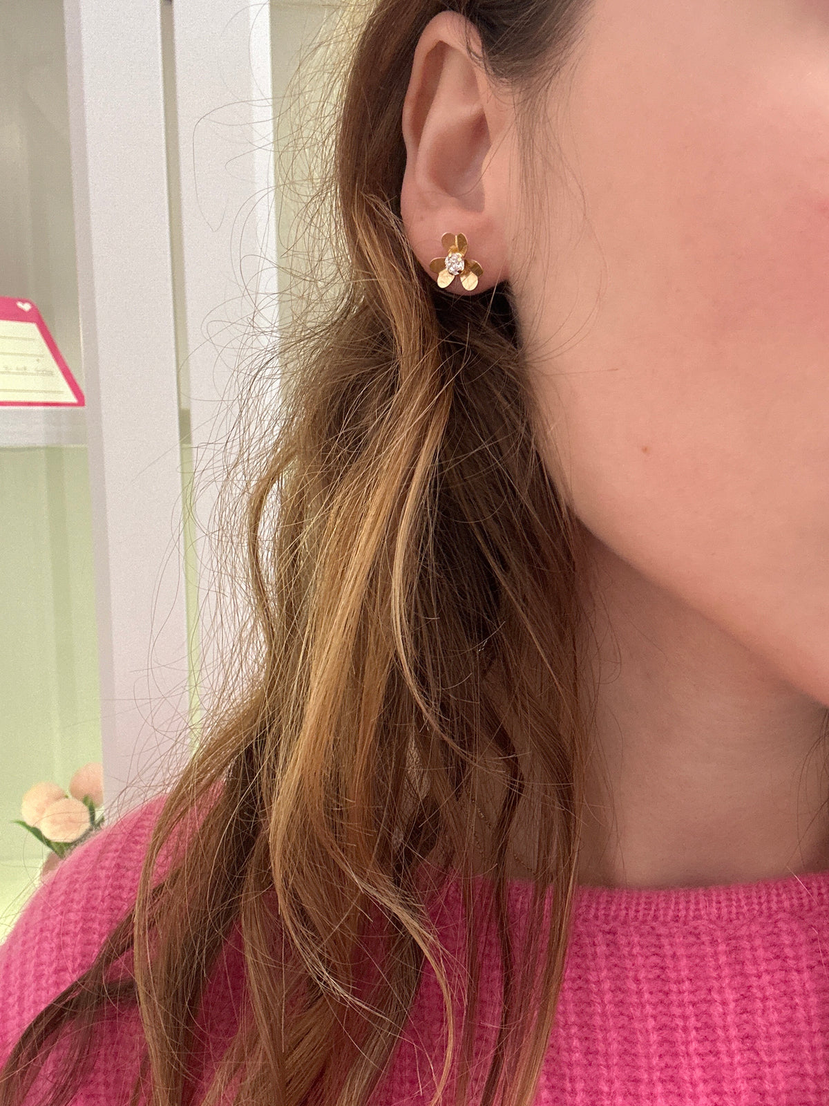 18k gold small flower earrings with zirconia stone, 12mm, 1.49g
