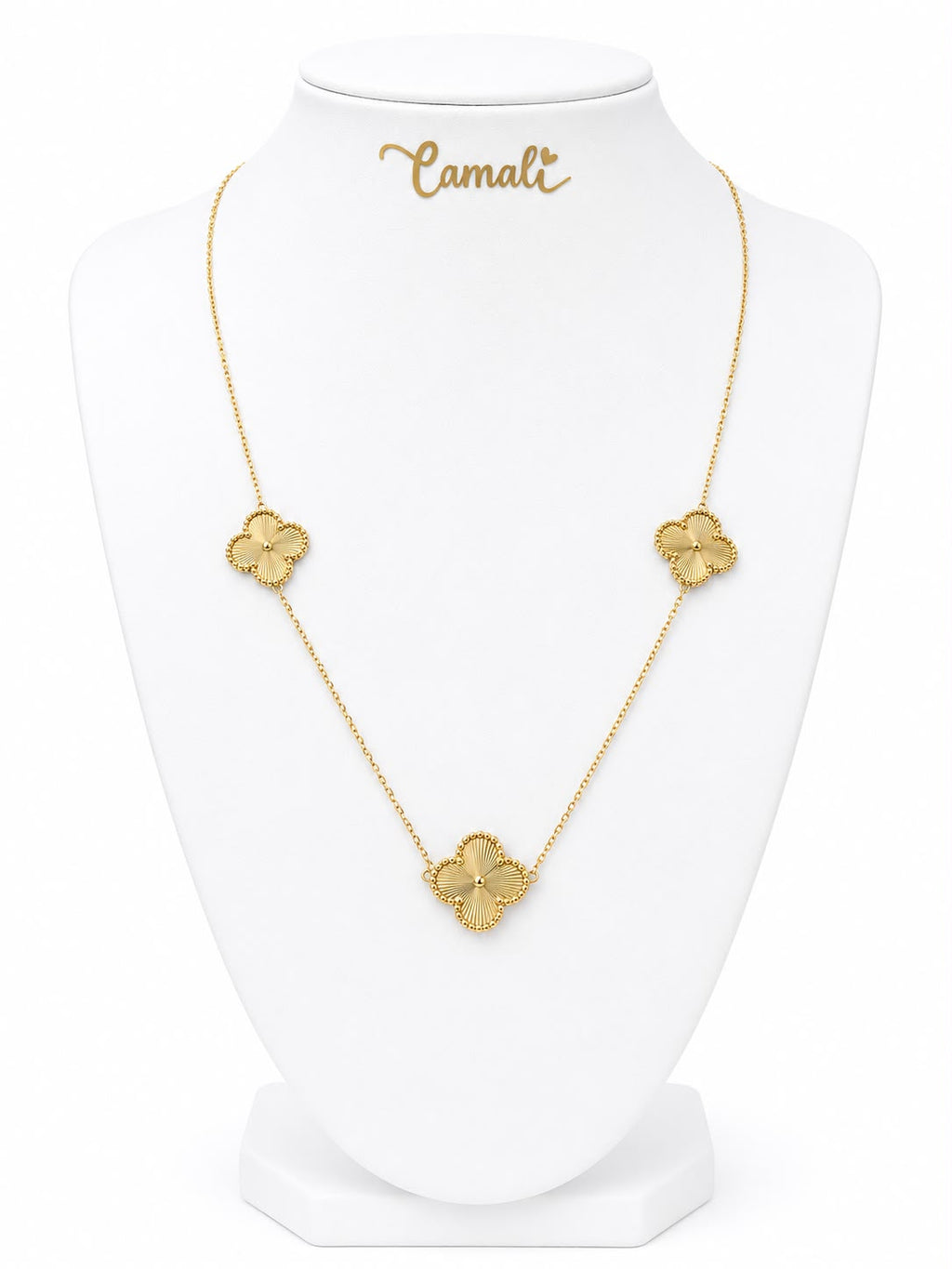 18k gold 3 large 15mm clovers attached necklace, adjustable 40-45, 4.95g