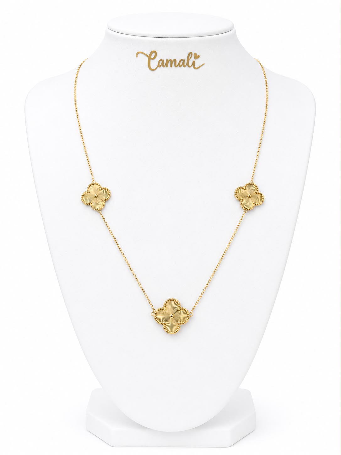 18k gold 3 large 15mm clovers attached necklace, adjustable 40-45, 4.95g