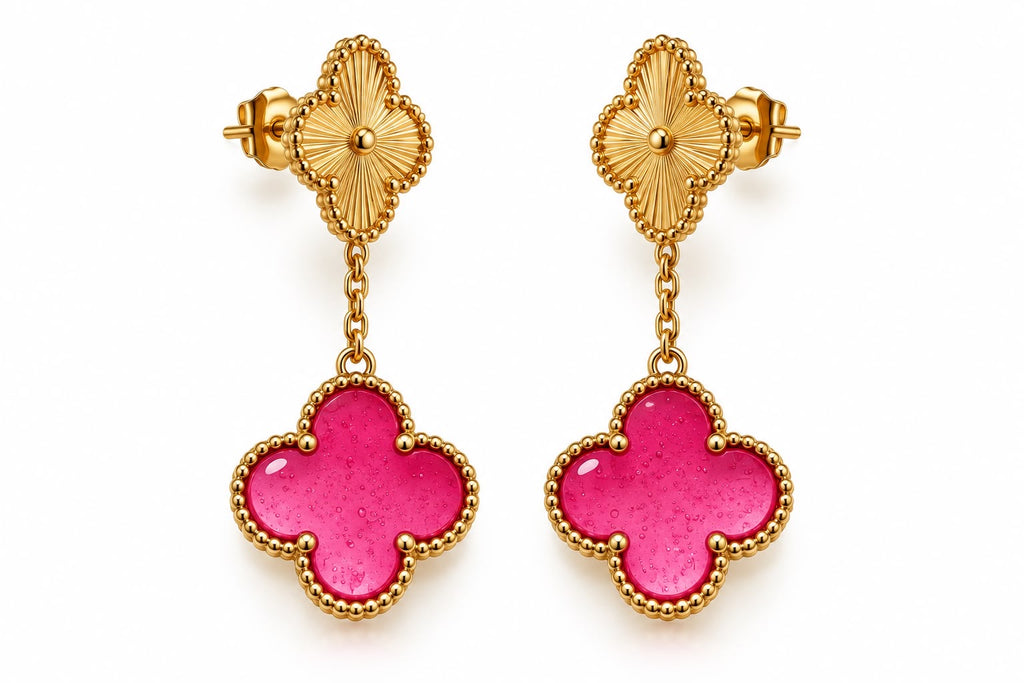 18k gold pink enamel clover dangling earrings 12-15mm, 4.08g
