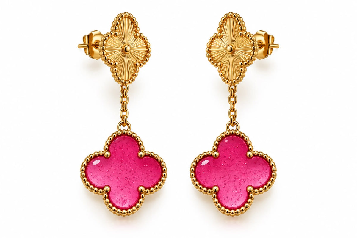 18k gold pink enamel clover dangling earrings 12-15mm, 4.08g