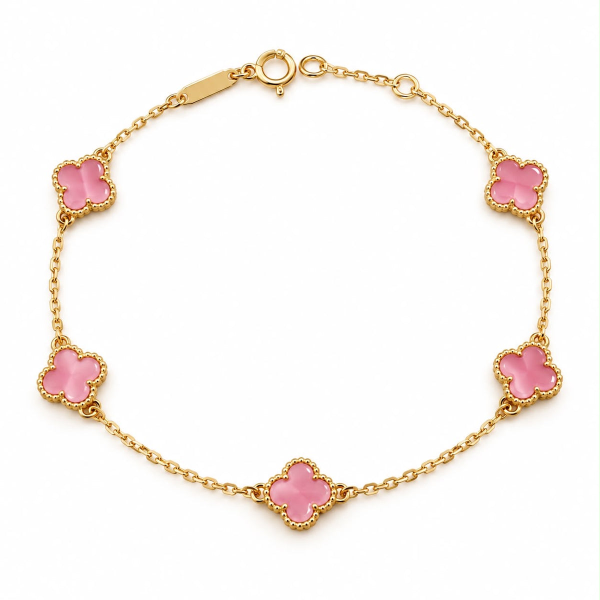 18k gold extra small pink enamel clover bracelet, size of clovers are 5mm, adjustable 17 to 18cm, 1.85g