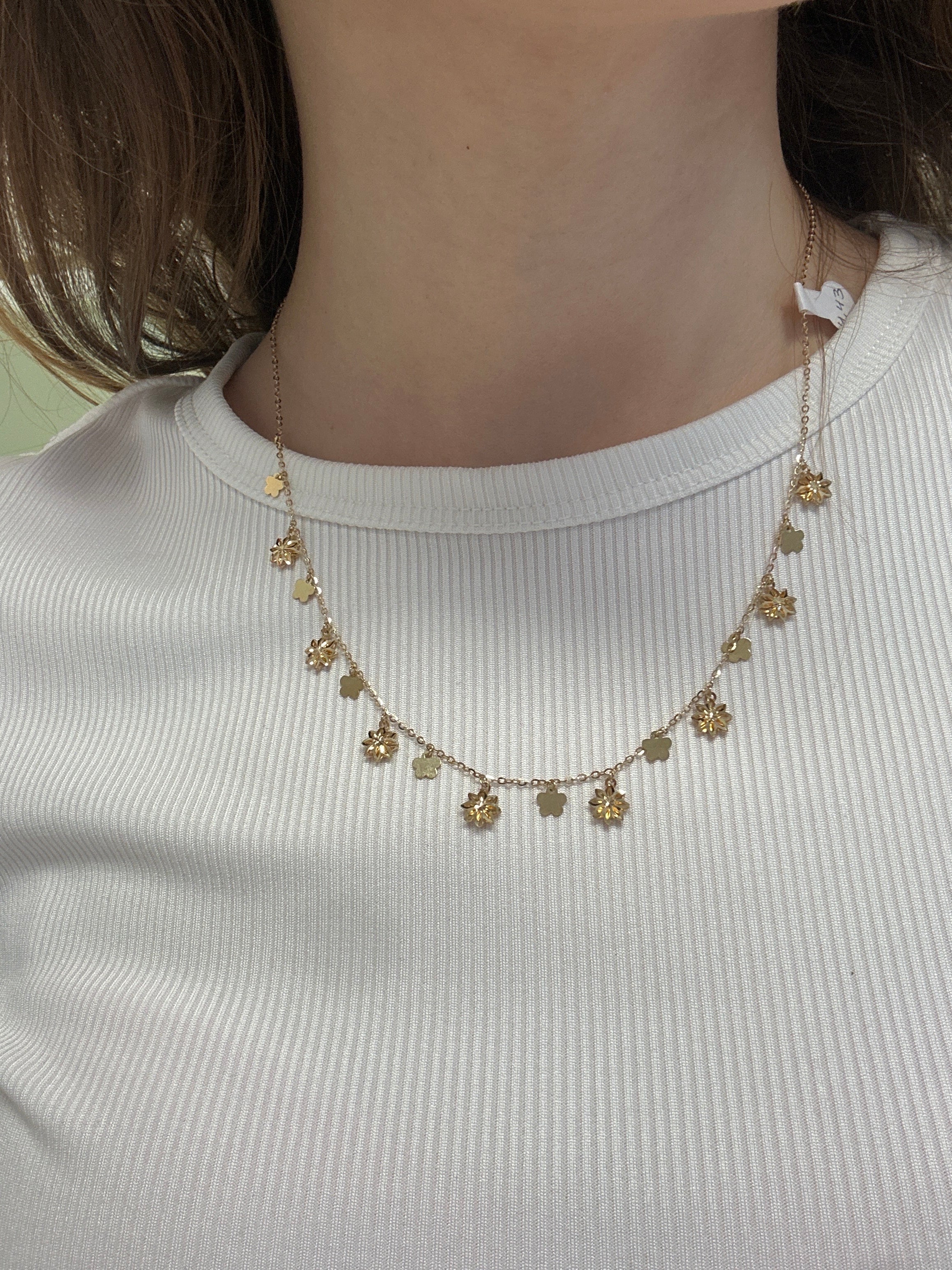 18k gold dangling flowers necklace, ajustable 40-45cm, 4.43g