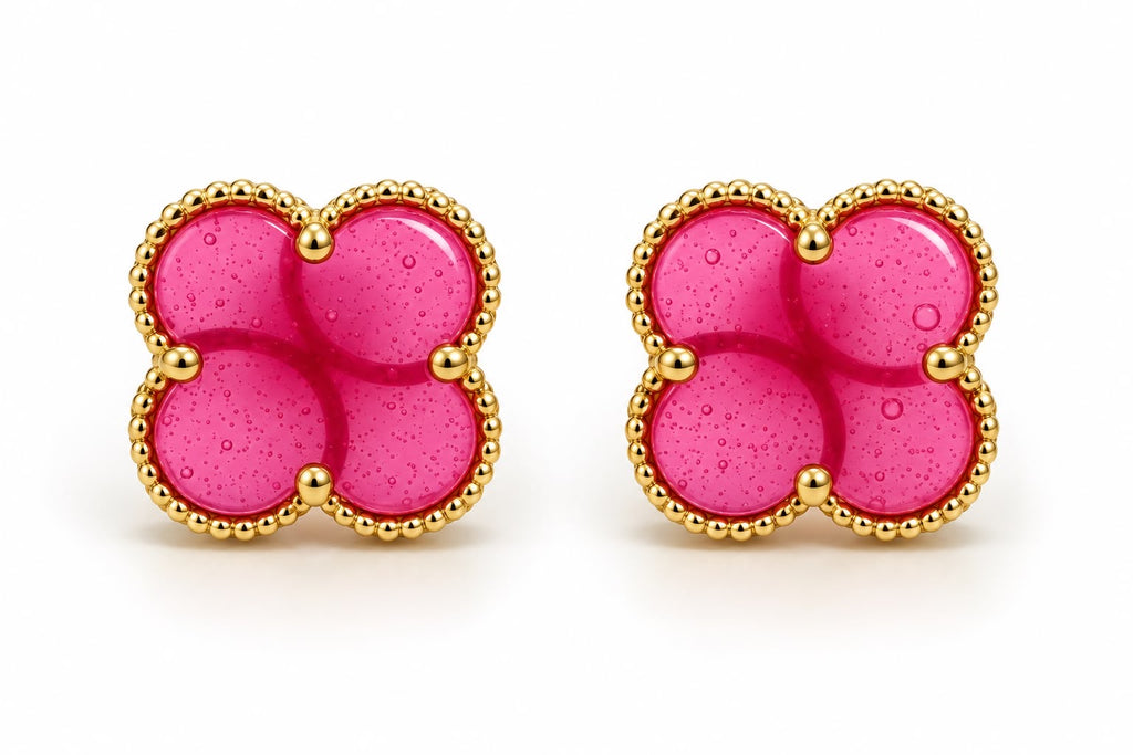 18k gold pink enamel clover studs, large (15mm) 2.88g total weight