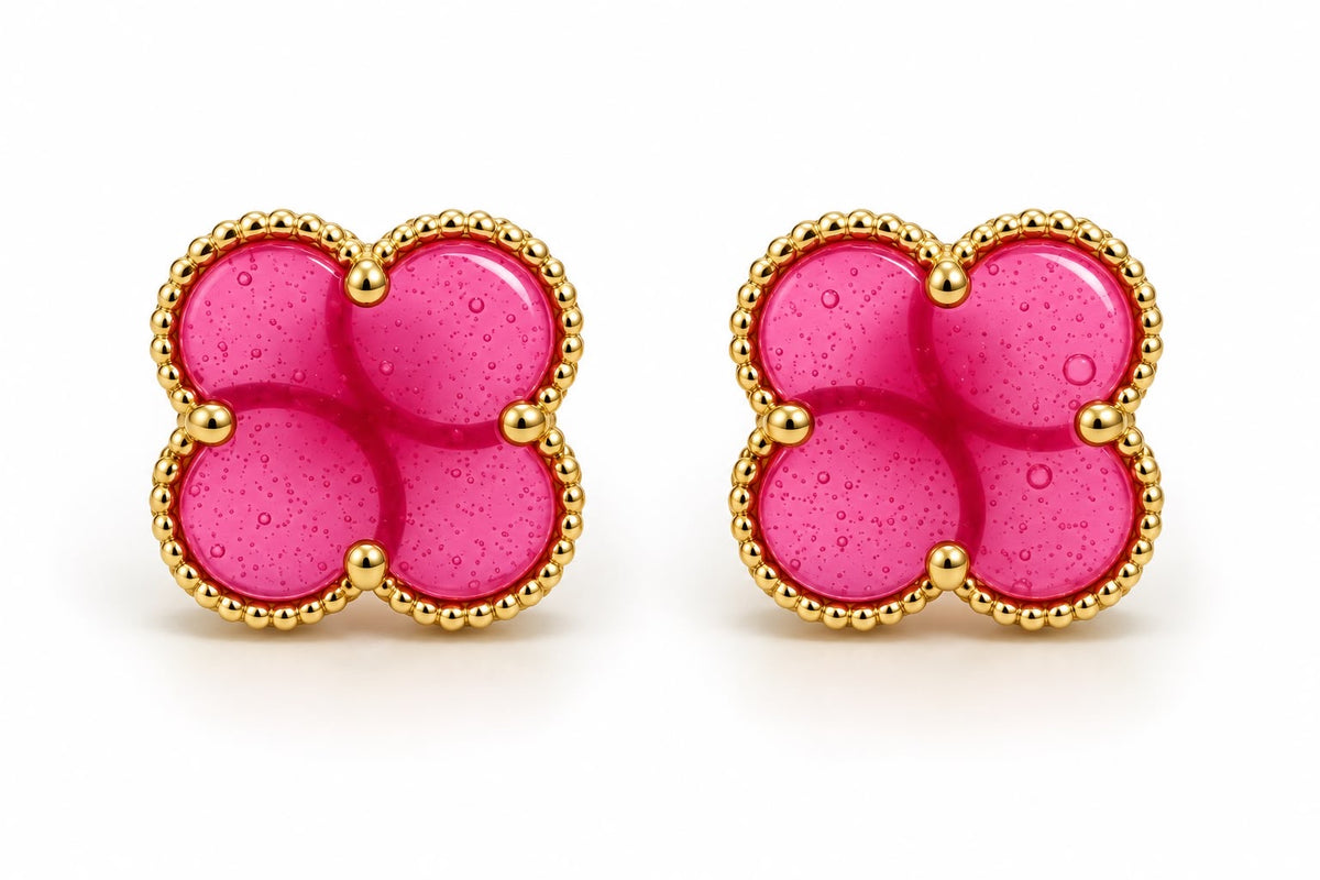 18k gold pink enamel clover studs, large (15mm) 2.88g total weight