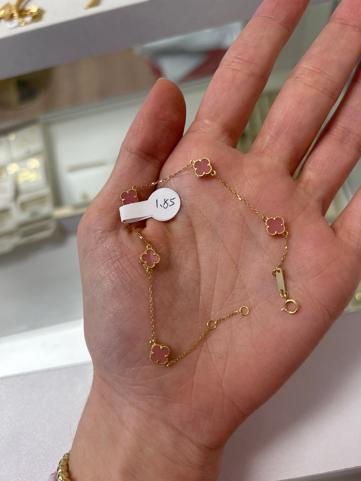 18k gold extra small pink enamel clover bracelet, size of clovers are 5mm, adjustable 17 to 18cm, 1.85g