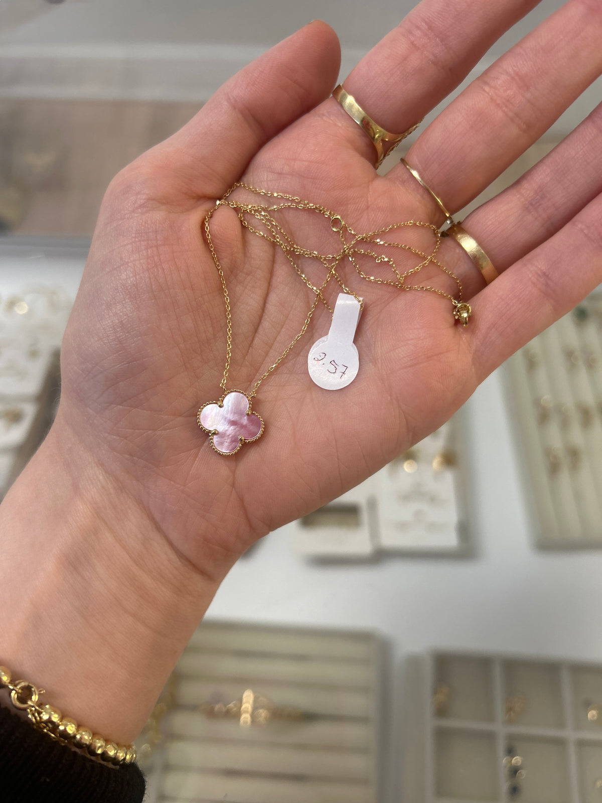 Collier trèfle en or 18 carats avec nacre rose, 15 mm (grand modèle), ajustable 40-45 cm, 2,57 g