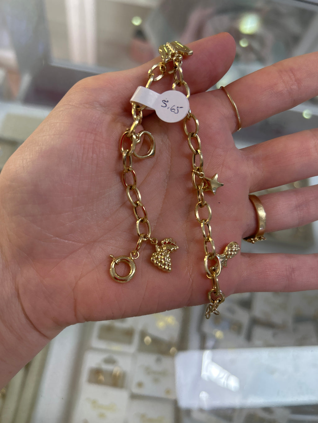 Bracelet à breloques en or 18 carats, ananas, étoile, papillon, cœur et raisin, 17,5-19 cm, 5,65 g