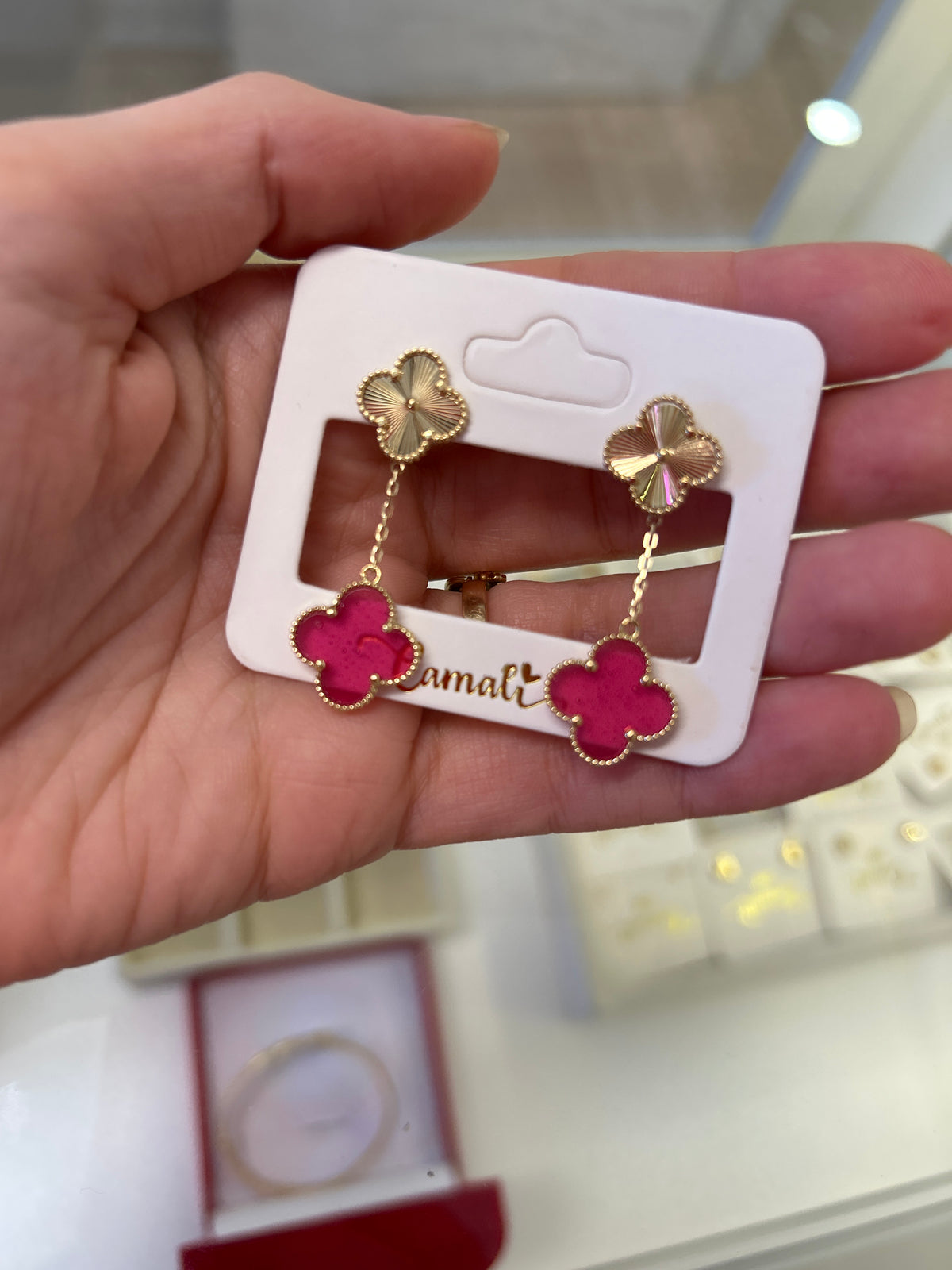 18k gold pink enamel clover dangling earrings 12-15mm, 4.08g