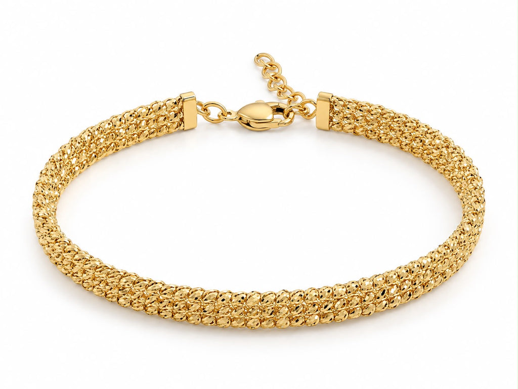 18k gold diacut beaded adjustable 3 layers bracelet, size 16-18, 8.51g