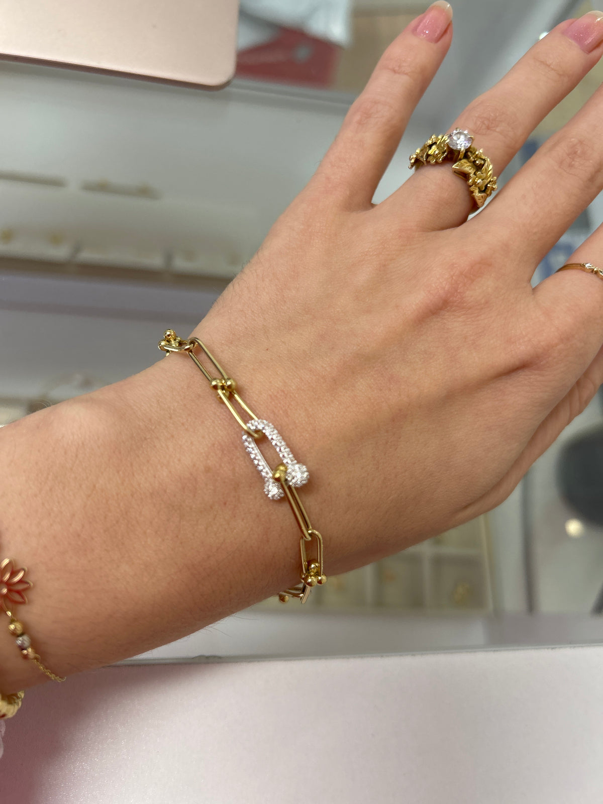 18k gold hardware style bracelet, with zirconia stone, 19cm, 5g