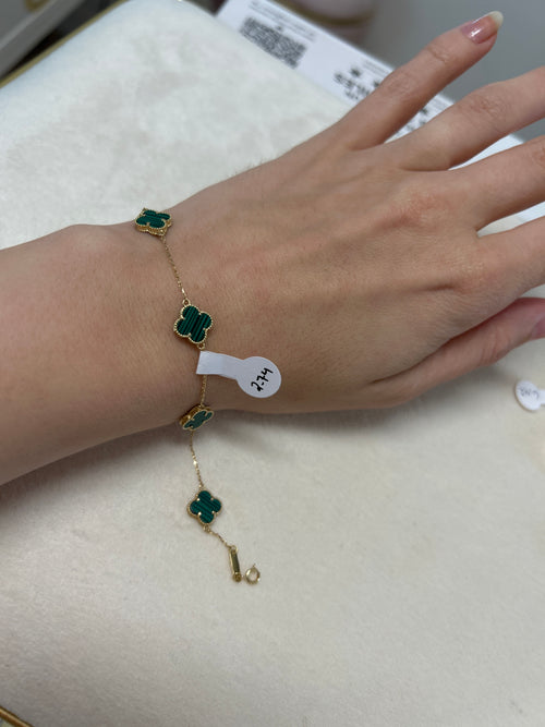 18k gold 5 small clovers bracelet, green stone (malachite), 2.64g