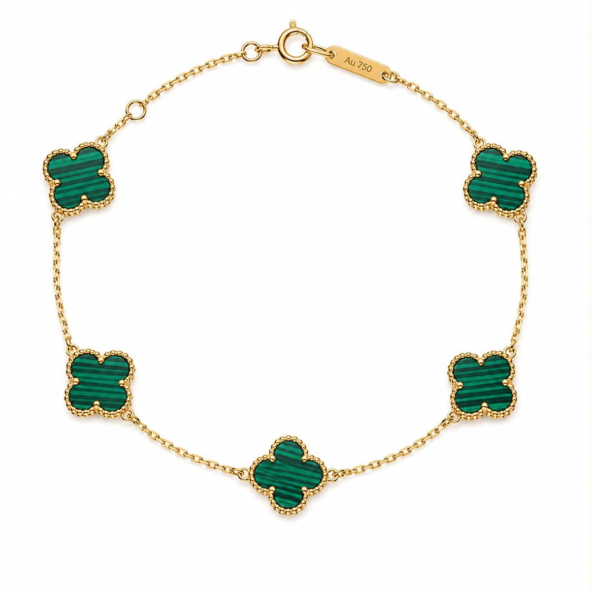 Bracelet d’or 18k avec 5 trèfles de 8mm en pierre de malachite verte ajustable 17.5-19cm 2.82g