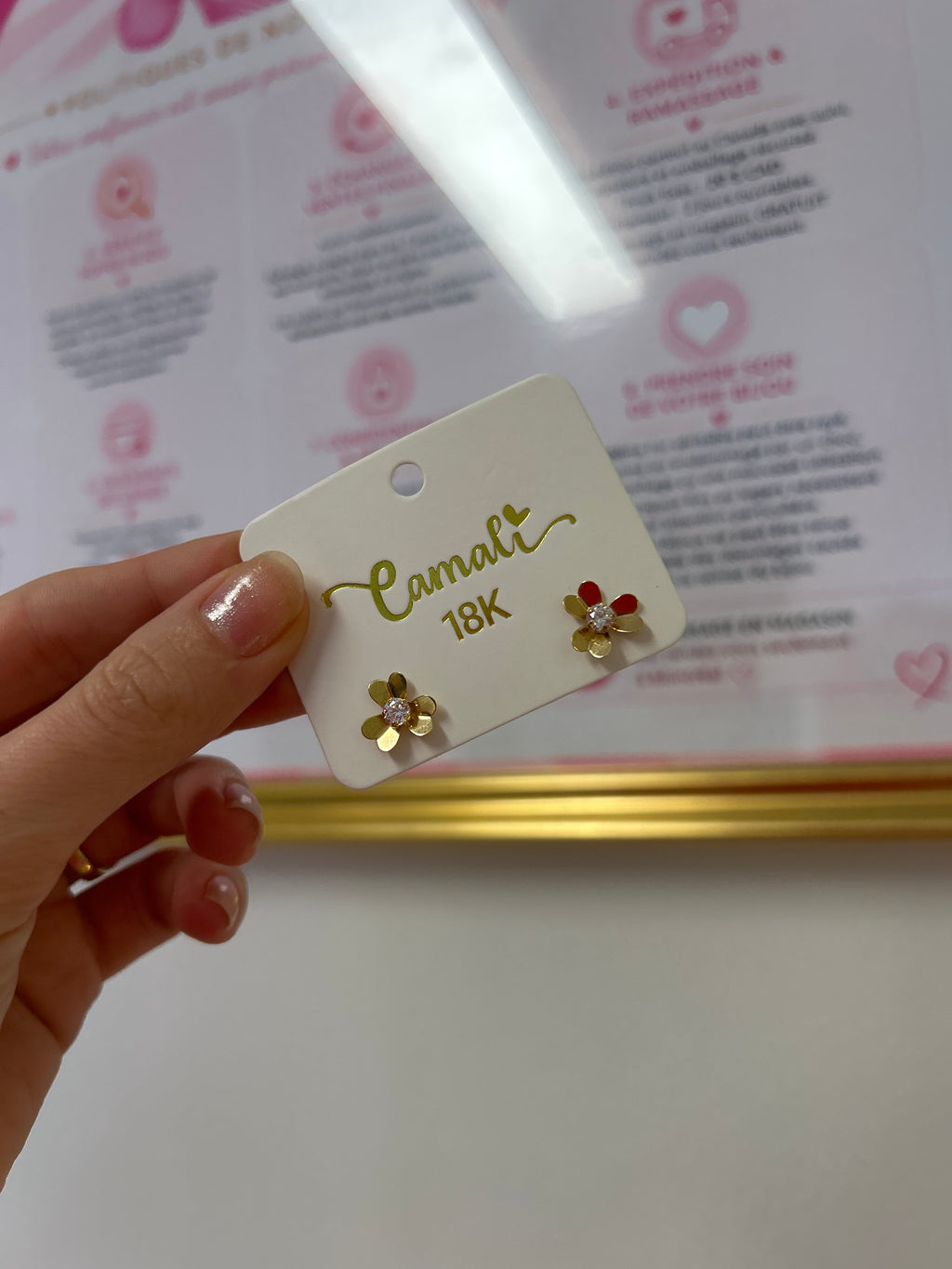 18k gold small flower earrings with zirconia stone, 12mm, 1.49g