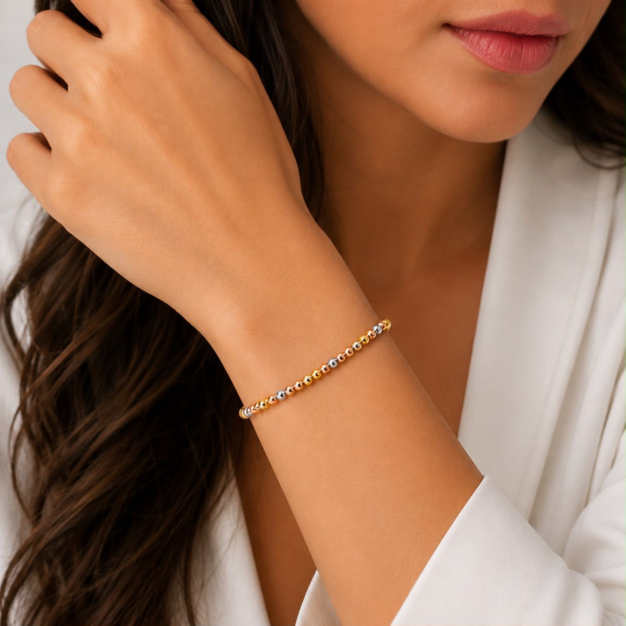 18k gold tritone beads bracelet, adjustable 17.5-19cm, 2.25g