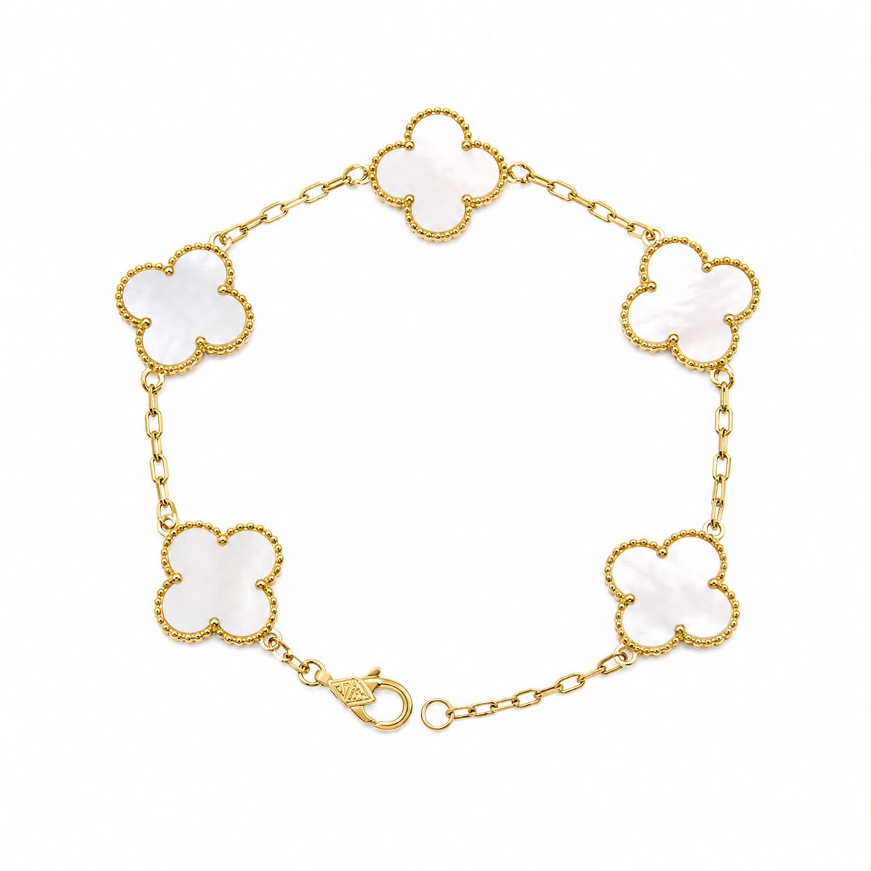 18k gold mother of pearl clover bracelet, large size of clovers, adjustable, 7.33g