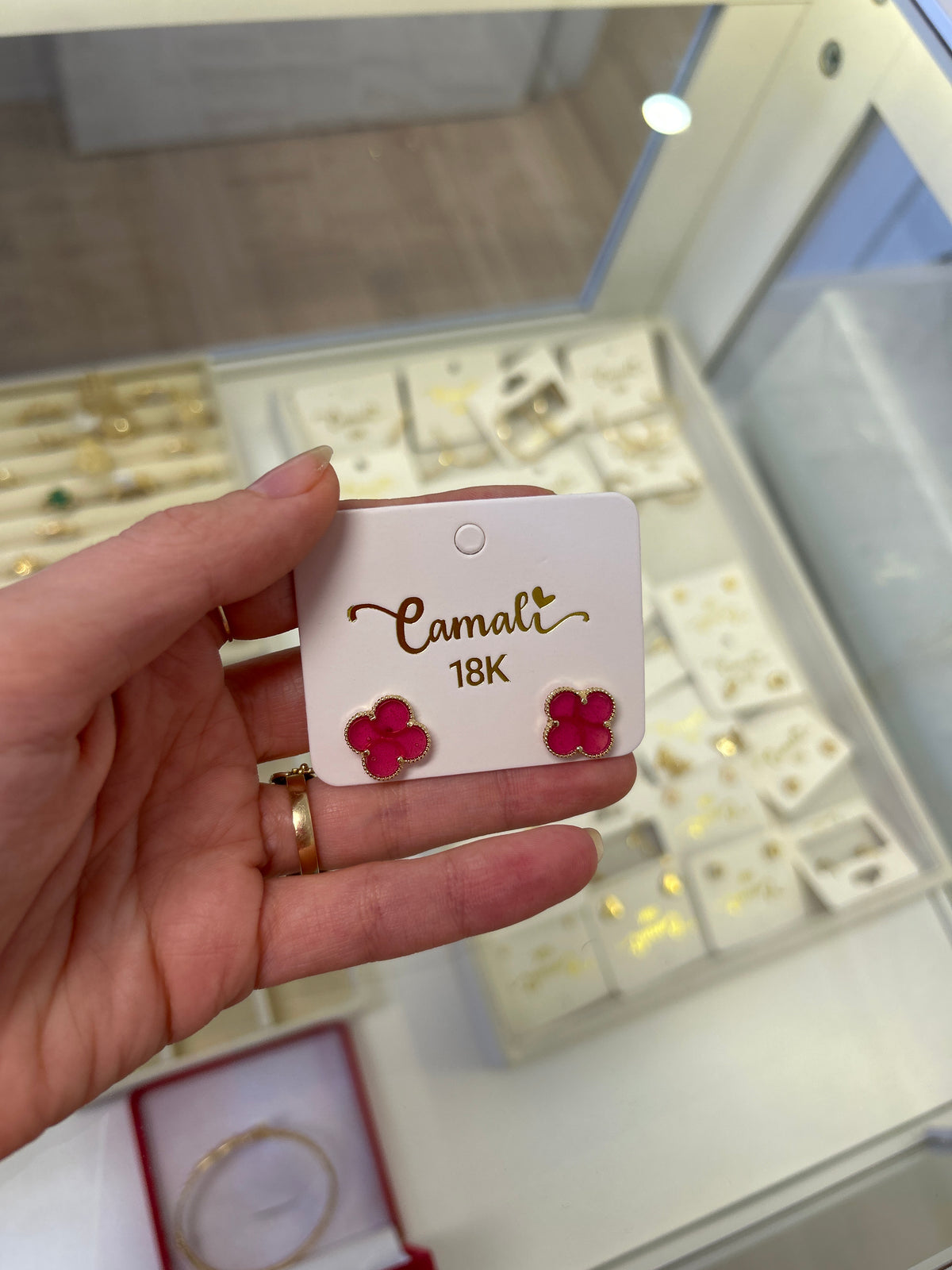 18k gold pink enamel clover studs, large (15mm) 2.88g total weight