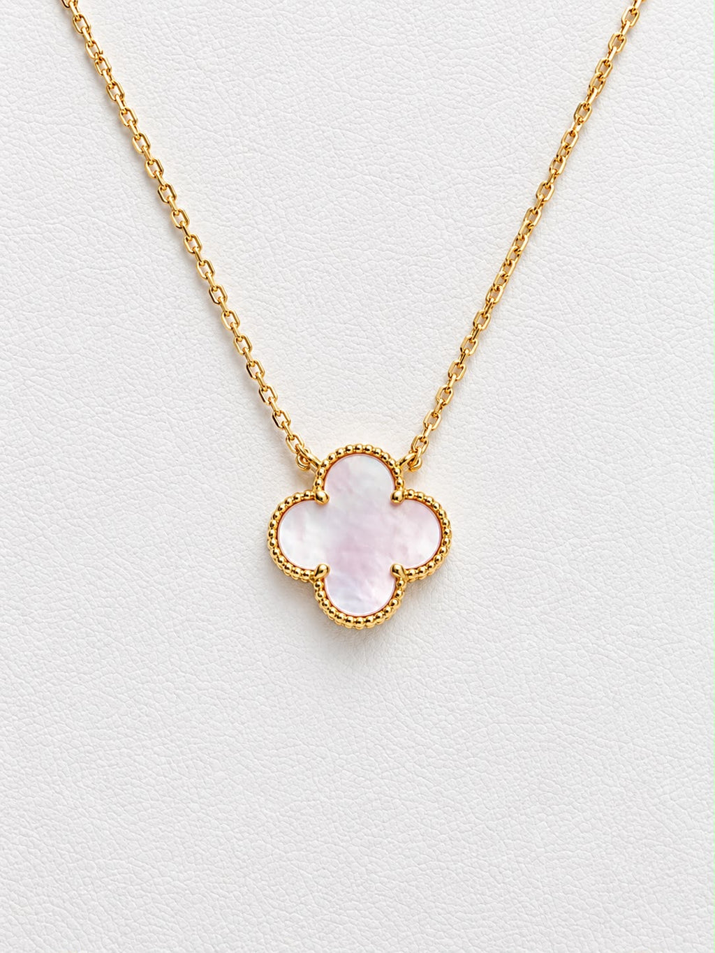 Collier trèfle en or 18 carats avec nacre rose 10 mm (moyen), ajustable 40-45 cm, 2,30 g