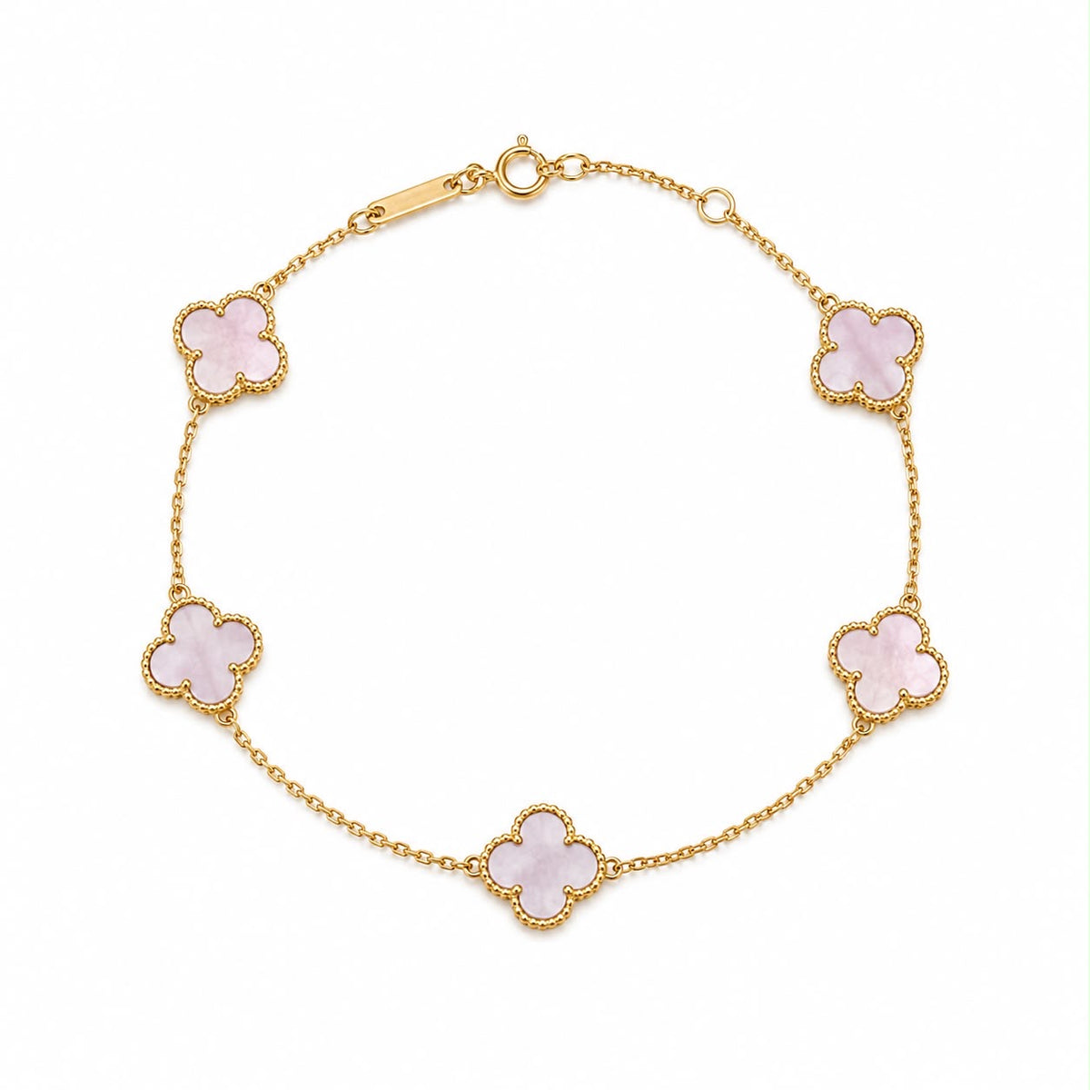 18k gold bracelet with pink chalcedony, size of clovers is 8mm, ajustable 17.5-19cm, 3.01g