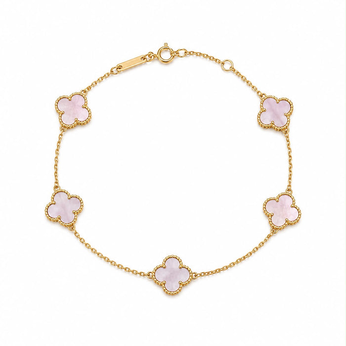 18k gold bracelet with pink chalcedony, size of clovers is 8mm, ajustable 17.5-19cm, 3.01g