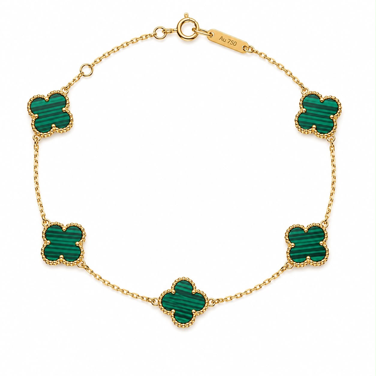 18k gold 5 small clovers bracelet, green stone (malachite), 2.64g