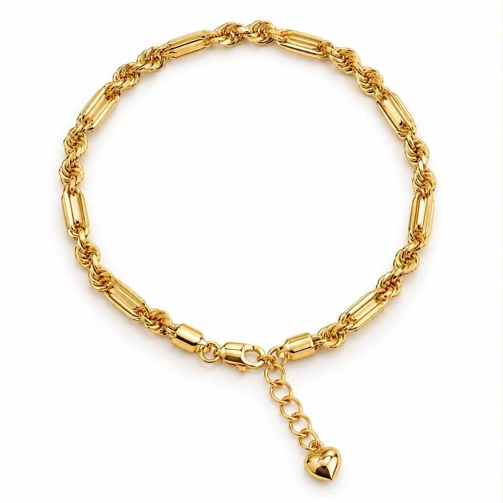 Bracelet spécial corde en or 18 carats avec petit cœur, ajustable 17-19 cm, 4,93 g