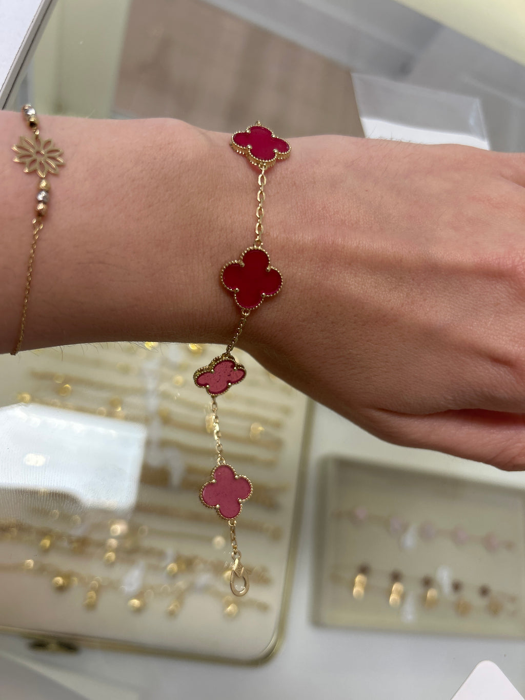 18k gold pink enamel 5 clovers, ajustable 17-19cm, 6.61g