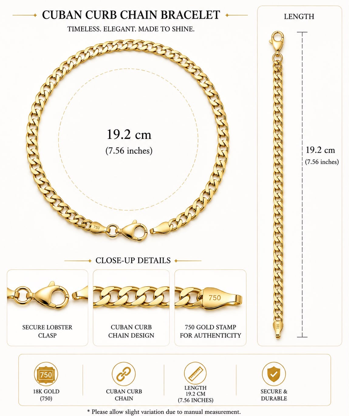 18k gold Cuban bracelet, 19cm, 2.44g