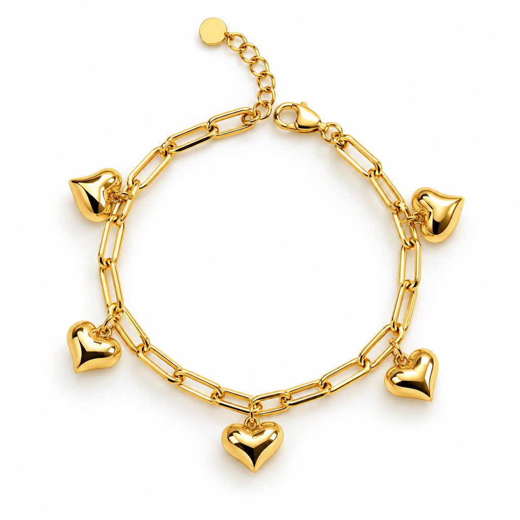 18k gold paperclip with dangling hearts, adjustable 17-18cm, 3.87g