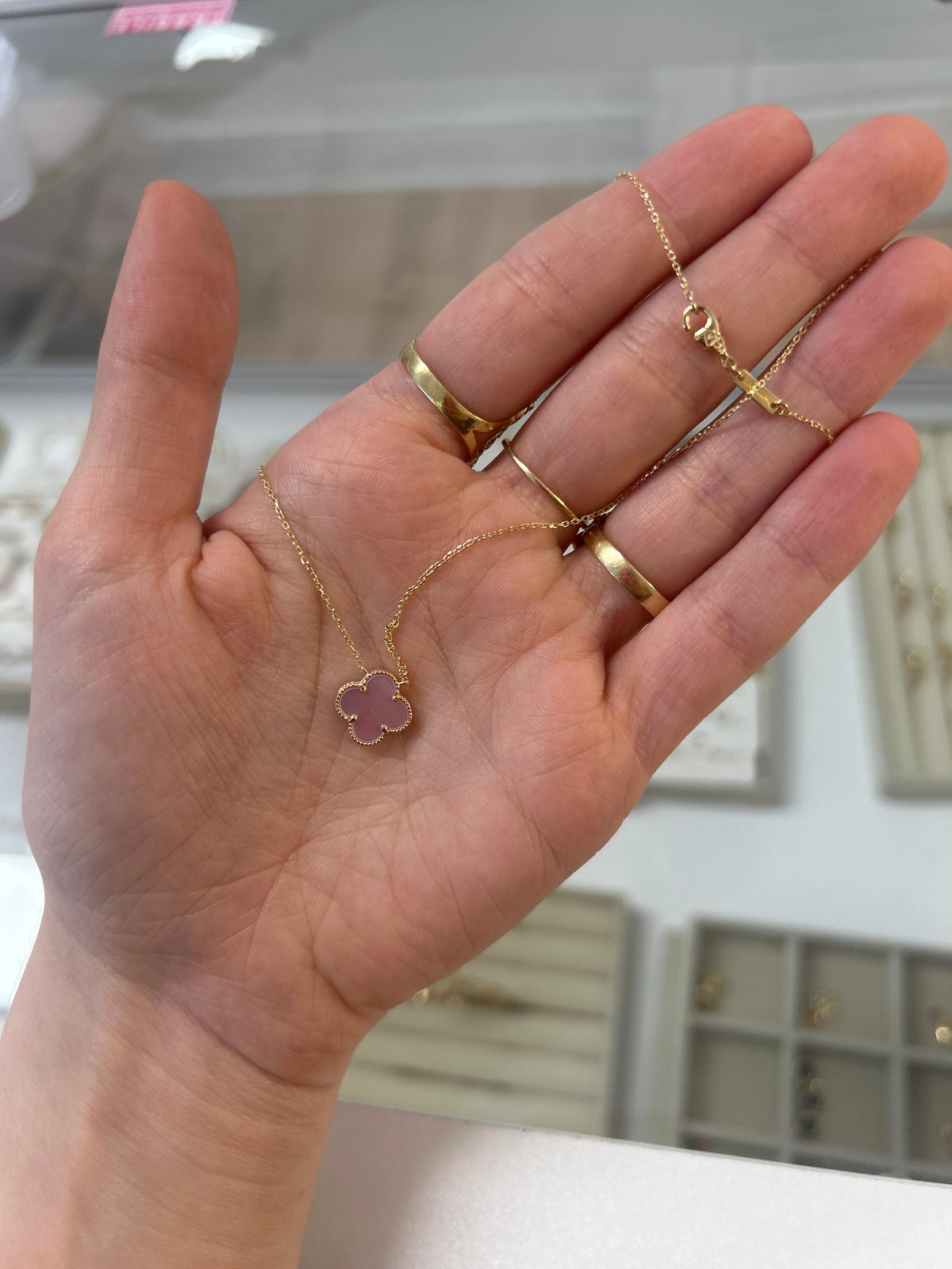 Collier trèfle en or 18 carats avec nacre rose 10 mm (moyen), ajustable 40-45 cm, 2,30 g