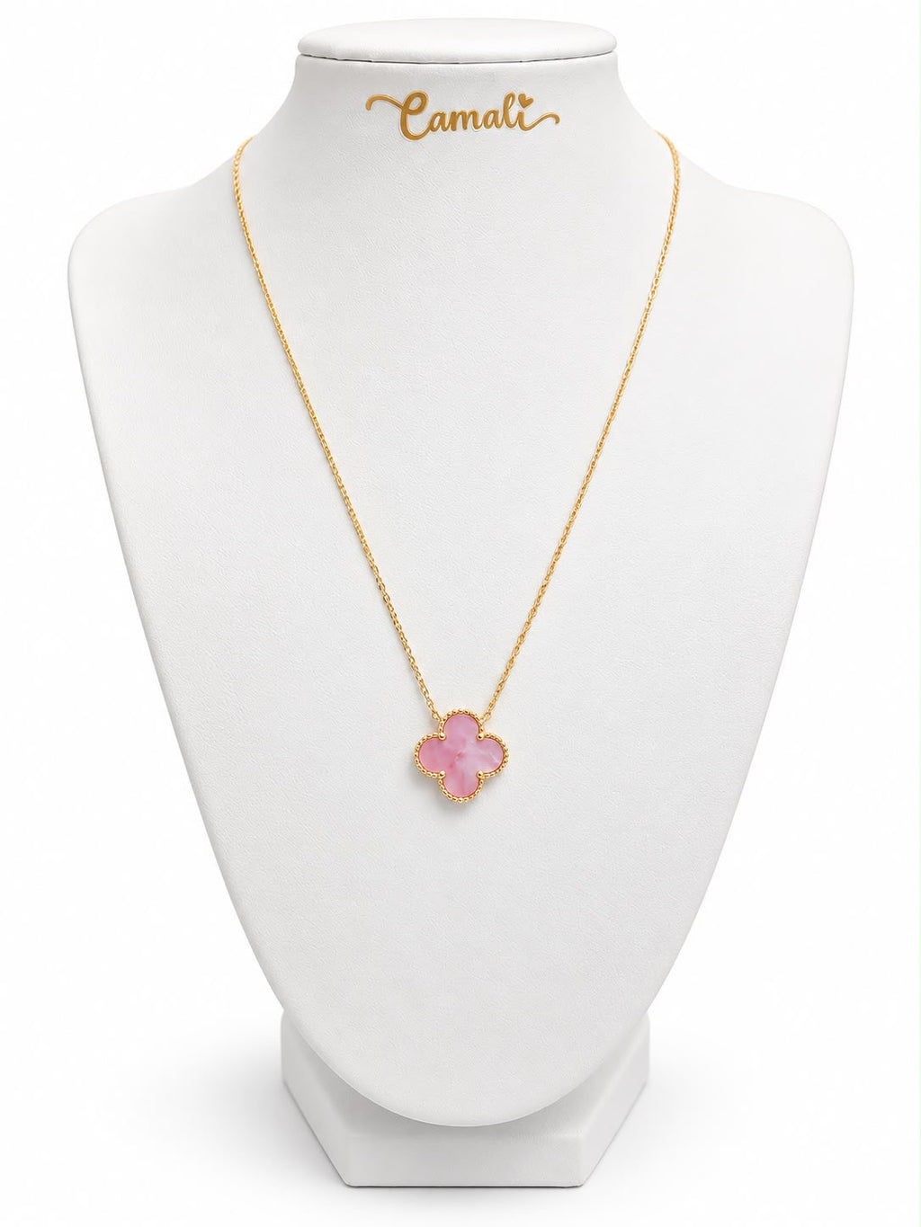 Collier trèfle en or 18 carats avec nacre rose, 15 mm (grand modèle), ajustable 40-45 cm, 2,57 g