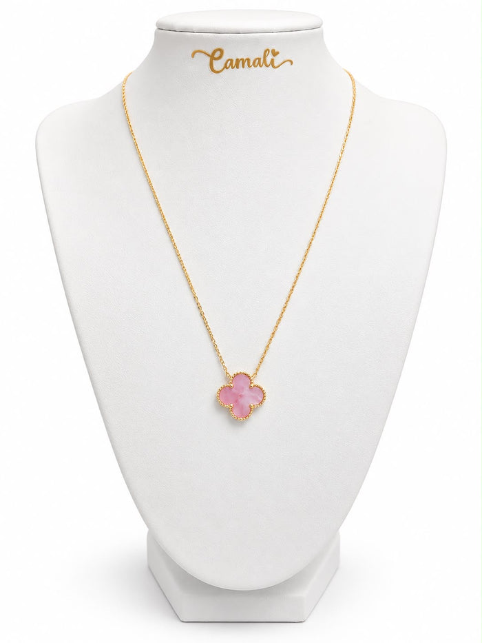 Collier trèfle en or 18 carats avec nacre rose, 15 mm (grand modèle), ajustable 40-45 cm, 2,57 g
