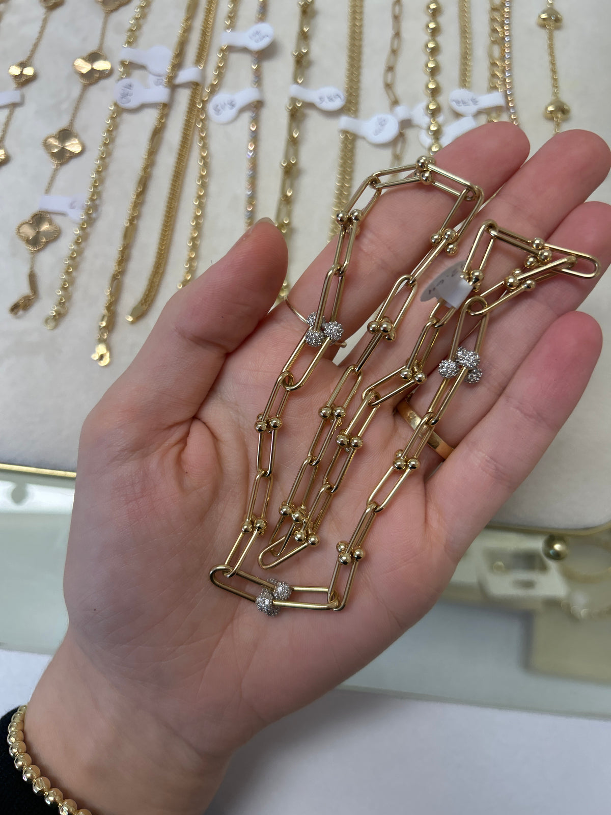 18K Gold Hardware Necklace with Zirconia, 45cm, 12.64g