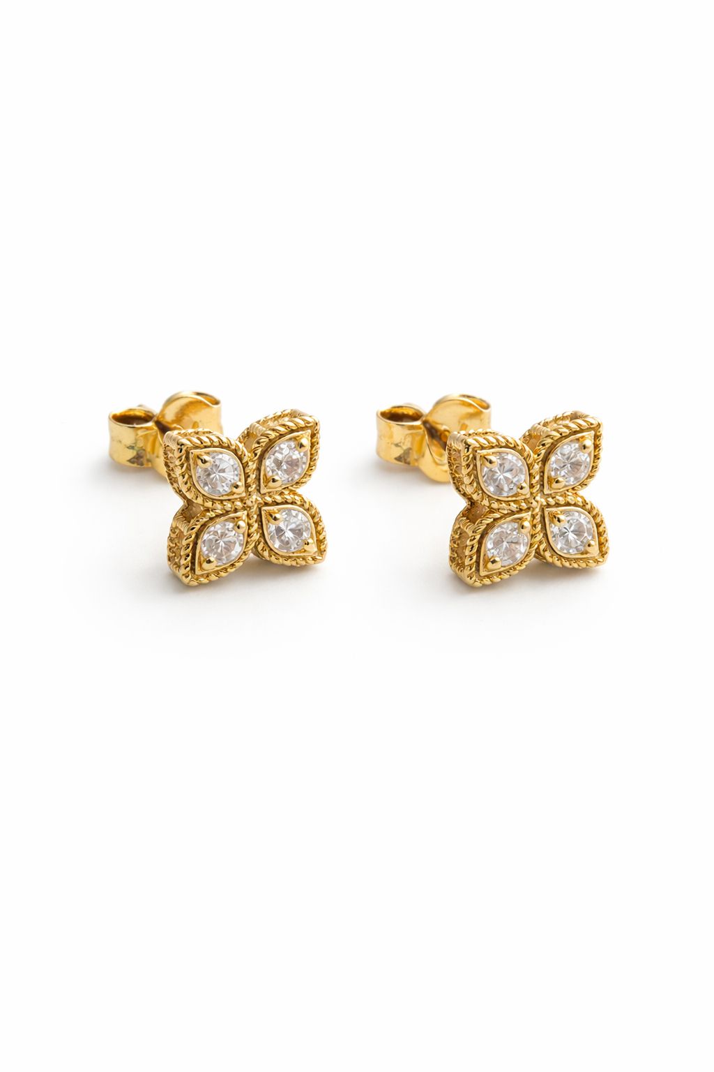 18k gold small flowers studs with zirconia stones, 1.63g