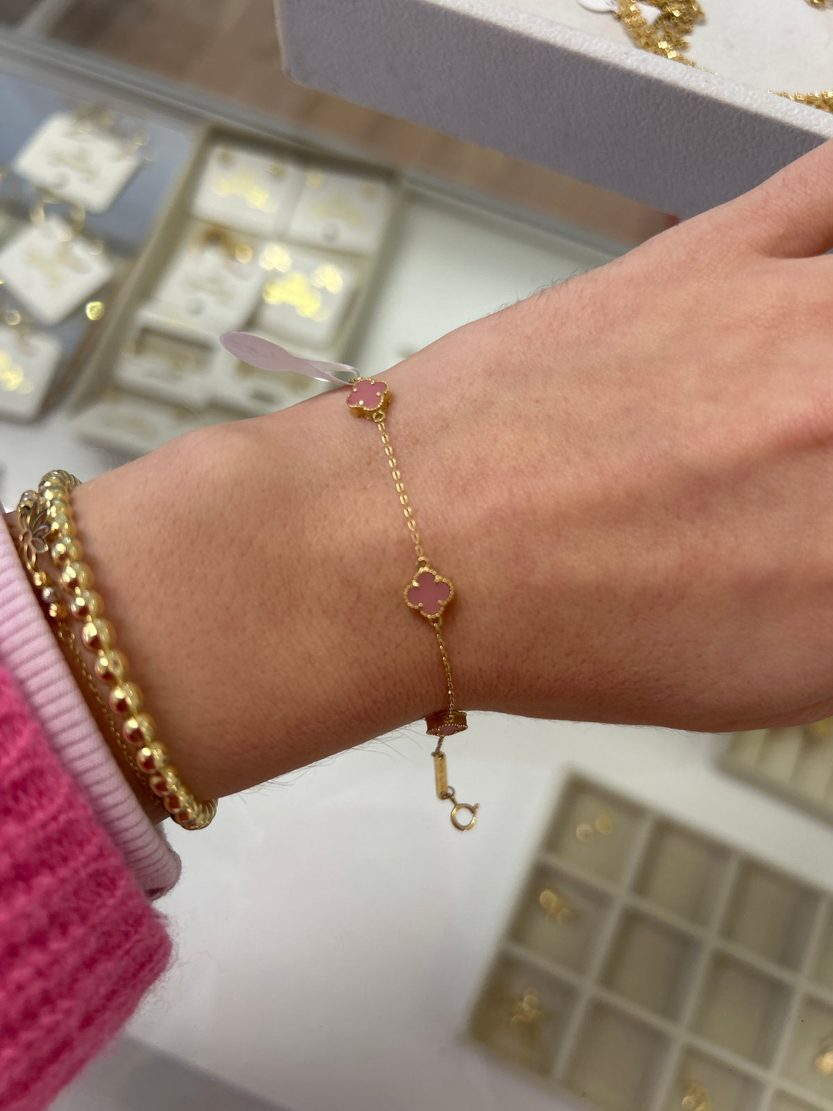 18k gold extra small pink enamel clover bracelet, size of clovers are 5mm, adjustable 17 to 18cm, 1.85g
