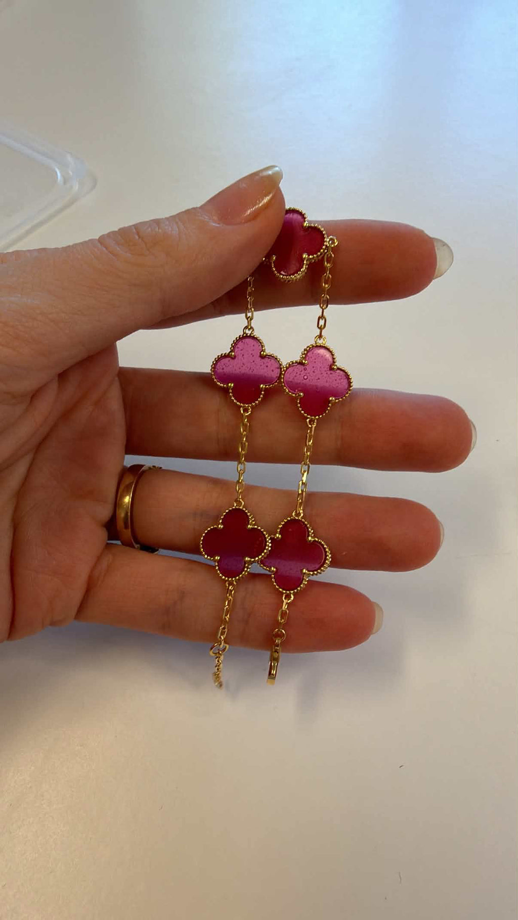 18k gold pink enamel 5 clovers, ajustable 17-19cm, 6.61g